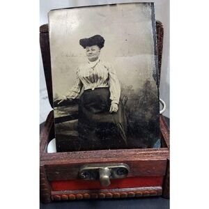 Antique Tintype Portrait of Victorian Woman Black & White Metal Plate